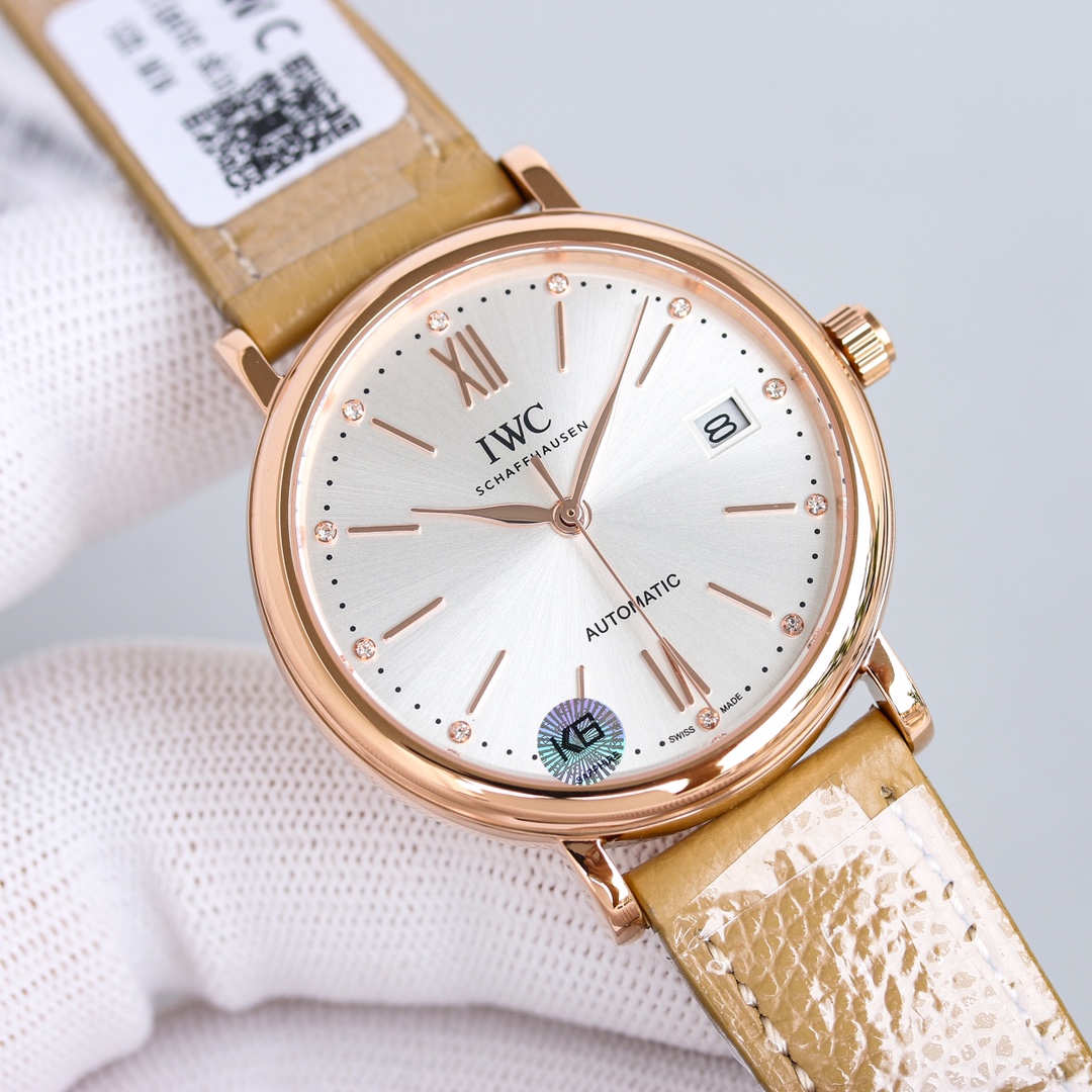 IWCポート フィノ 37mm偽物 うで時計 防水 イタリア革 ダイヤモンド飾り ゴールドケース 2色可選_4