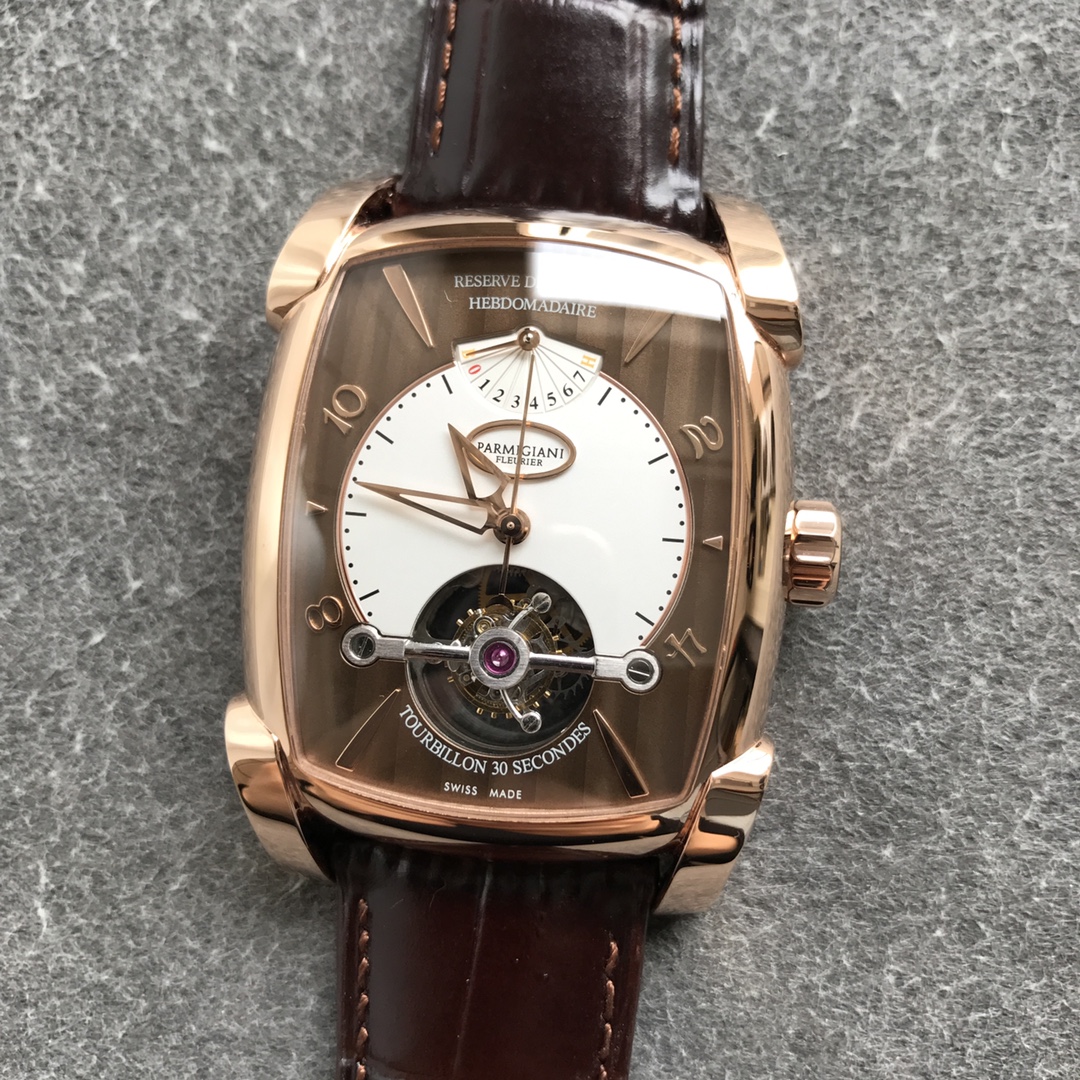 PARMIGIANI ヤルミナティータブー偽物 トゥールビヨン レザー 鰐魚革 腕時計 ゴールドケース ブラウン_6