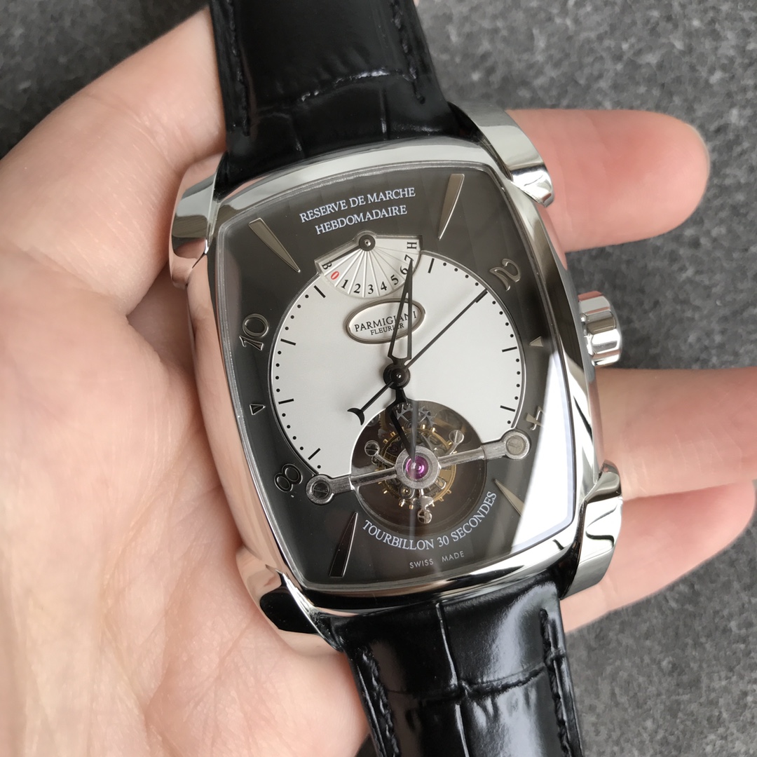 PARMIGIANI ラ トゥール ダルジャン パリスーパーコピー トゥールビヨン 上質品 鰐魚革 腕時計 シルバーケース ブラック_3