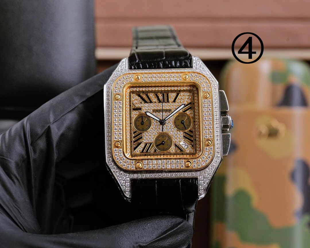 cartier サントス ドゥ カルティエ偽物 腕時計 ダイヤモンド飾り レザーバンド メンズ 多色可選_4