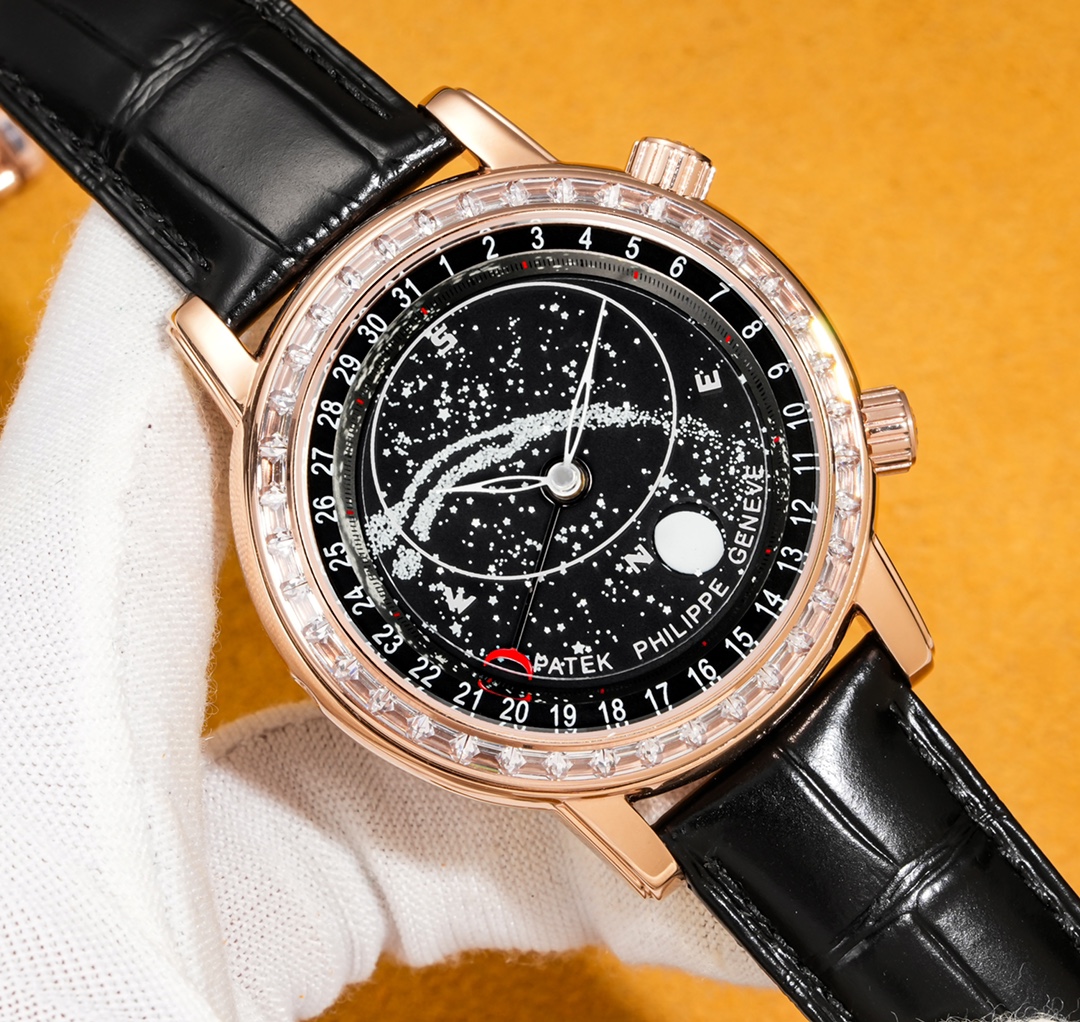 フィリップ 時計スーパーコピー グランド コンプリケーション ウォッチ 革バンド ダイヤ飾り 星空 ブラック_2