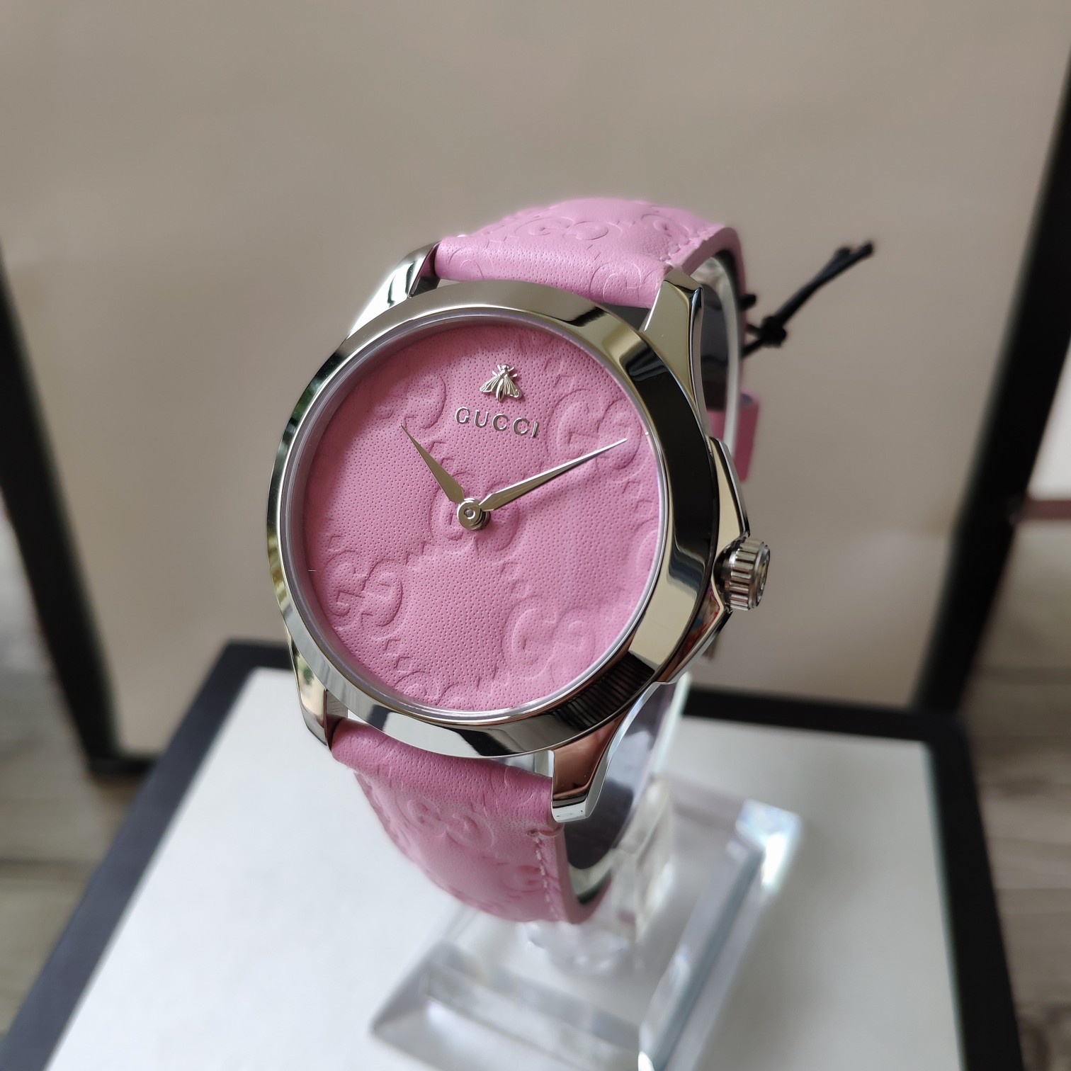 グッチ腕時計ベルト交換コピー 防水 ウォッチ レザー 高級感 G-Timeless ロゴプリント ピンク_5