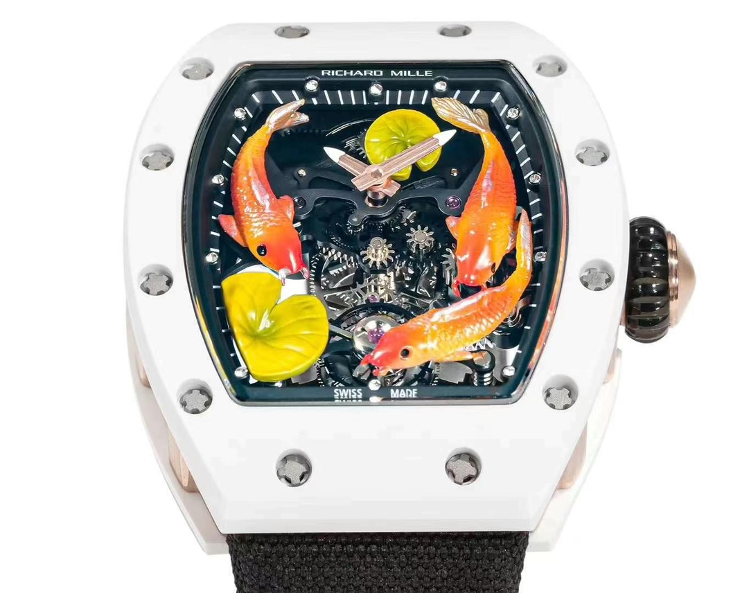 リシャールミル 時計 芸能人偽物 ウォッチ RM S10 腕時計 さかなプリント 美しい  防水 ブラック_5