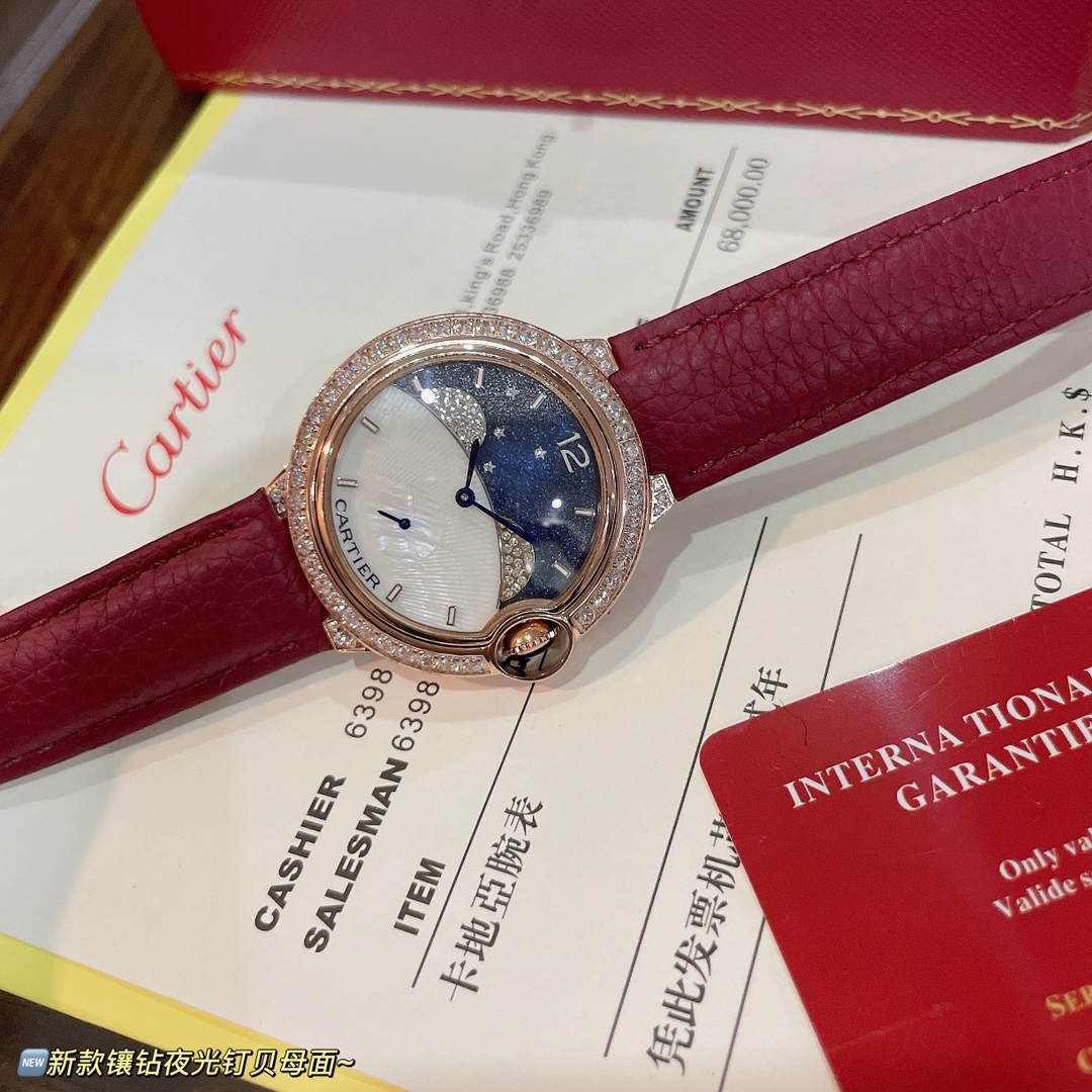 芸術感 バロン ブルー ドゥ カルティエ ダイヤスーパーコピー ダイヤ飾り 腕時計 ウォッチ 夜光 レッド ゴールドケース_5
