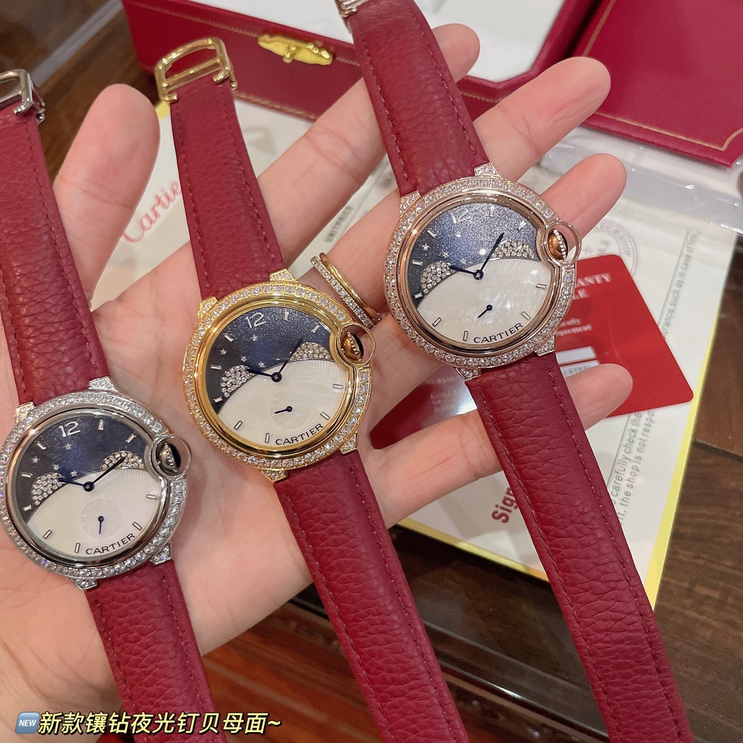 芸術感 バロン ブルー ドゥ カルティエ 女性偽物 ダイヤ飾り 腕時計 ウォッチ 夜光 レッド シルバーケース_6