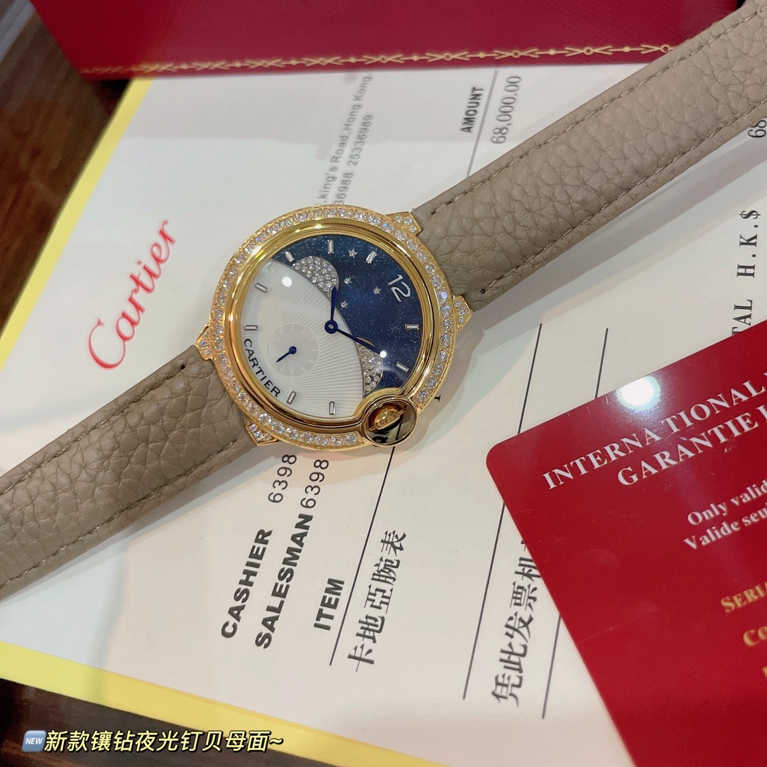 芸術感 カルティエ バロンブルーコピー ダイヤ飾り 腕時計 ウォッチ 夜光 ベージュ色_5
