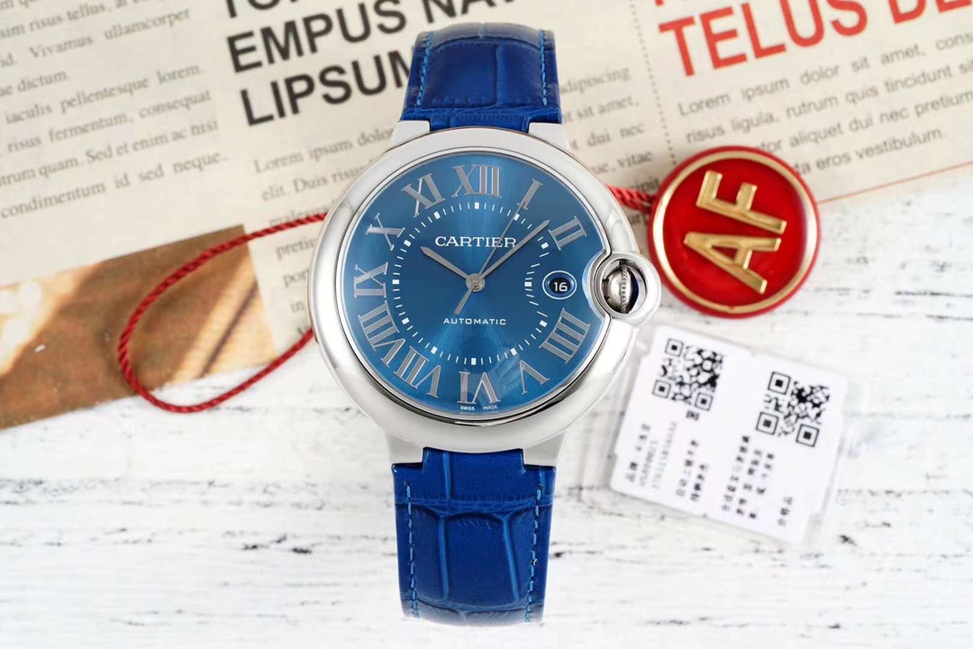 バロンブルー42mm カルティエコピー 紳士 ハンサム レザー 腕時計 ウォッチ 防水 本革 ブルー_1