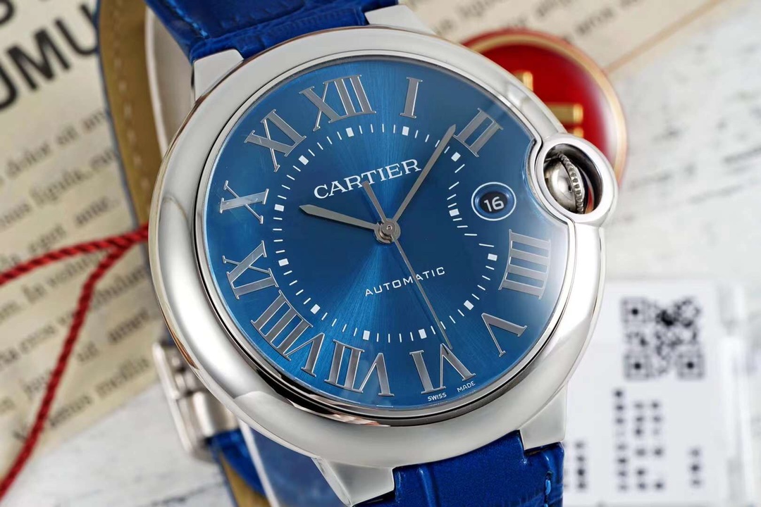 バロンブルー42mm カルティエコピー 紳士 ハンサム レザー 腕時計 ウォッチ 防水 本革 ブルー_2